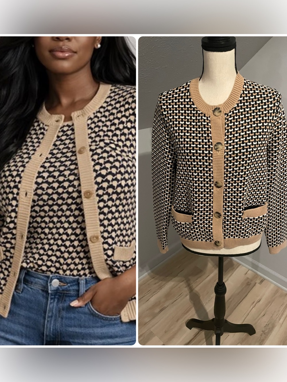 Ann Taylor Knit Cardigan Size Large Heavyweight Beige Black Cotton Blend